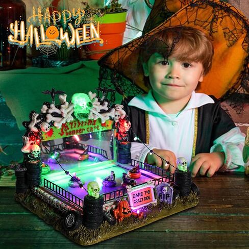 VCUTEKA Halloween Village Bumper Car تمثال مع هياكل عظمية شبح اليقطين لديكورات الهالوين، تمثال الهالوين مع ضوء LED للديكور الداخلي وحفلات الهالوين على الطاولة in Saudi Arabia