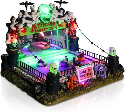 VCUTEKA Halloween Village Bumper Car تمثال مع هياكل عظمية شبح اليقطين لديكورات الهالوين، تمثال الهالوين مع ضوء LED للديكور الداخلي وحفلات الهالوين على الطاولة in Saudi Arabia