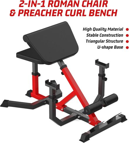 2-In-1 Roman Chair & Preacher Curl Bench Multi-Function Heavy-Duty Hyperextension Bench for Home With Adjustable Height for Arms, Ab, Back, Glute & Leg Extension Exercise Equipment, Black in Kuwait