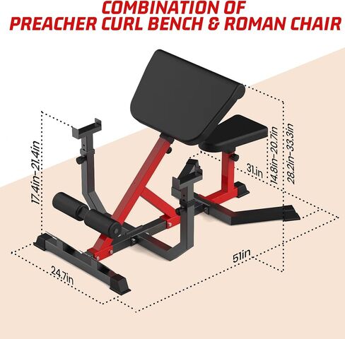 2-In-1 Roman Chair & Preacher Curl Bench Multi-Function Heavy-Duty Hyperextension Bench for Home With Adjustable Height for Arms, Ab, Back, Glute & Leg Extension Exercise Equipment, Black in Kuwait