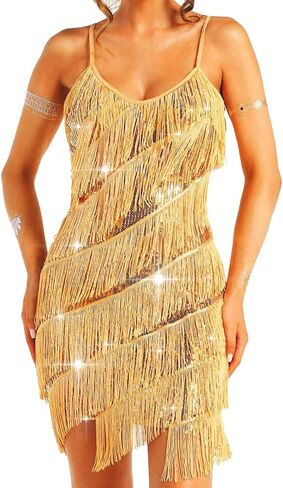 فستان نسائي صغير من Aukmla مزين بالترتر ومهدب فستان قصير بحزام سباغيتي فساتين رقص لاتينية 1920s زي ديسكو للرقص in Kuwait