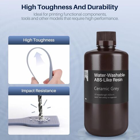ELEGOO Water Washable ABS-Like Resin, 3D Printer Resin with High Toughness, Low Viscosity and High Precision, 405nm Rapid UV-Curing Photopolymer Resin, ABS Resin for LCD/DLP 3D Printing, Grey 1000g in Kuwait