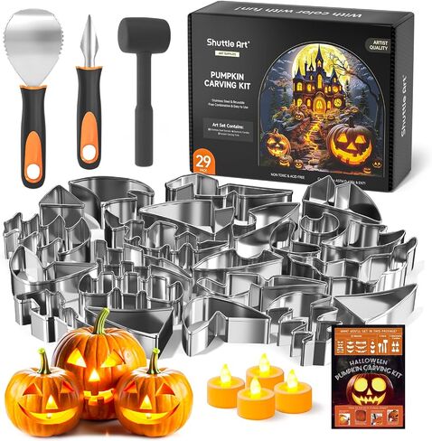 Shuttle Art 29PCS Halloween Pumpkin Carving Kit, 22 PCS Stainless Steel Pumpkin Carving Stencils with 4 Electronic Candles & 3 Carving Tools, Easy Safe Fun and Durable for Kids Adults Pumpkin Carving in Saudi Arabia