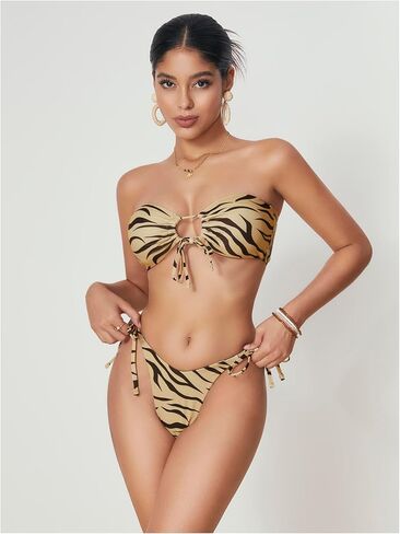 WDIRARA Women's 2 Piece Bikini Sets Zebra Stripe All Over Printed Tie Side Sleeveless Beach Swimsuits in Saudi Arabia