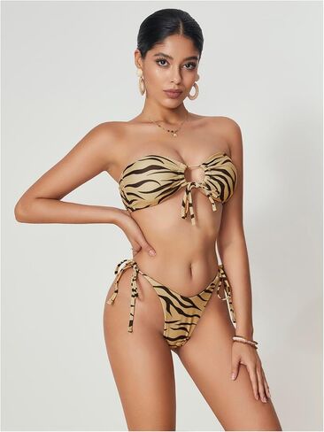 WDIRARA Women's 2 Piece Bikini Sets Zebra Stripe All Over Printed Tie Side Sleeveless Beach Swimsuits in Saudi Arabia