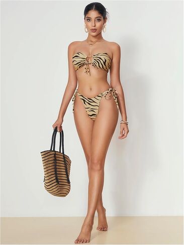 WDIRARA Women's 2 Piece Bikini Sets Zebra Stripe All Over Printed Tie Side Sleeveless Beach Swimsuits in Saudi Arabia