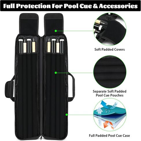 Pool Cue Case 4x4, Pool Cue Carrying Case Padded Pool Cue Bag - Holds 4 Butts and 4 Shafts, Multiple Accessory Pockets - Holds Multiple Pool Accessories in Saudi Arabia