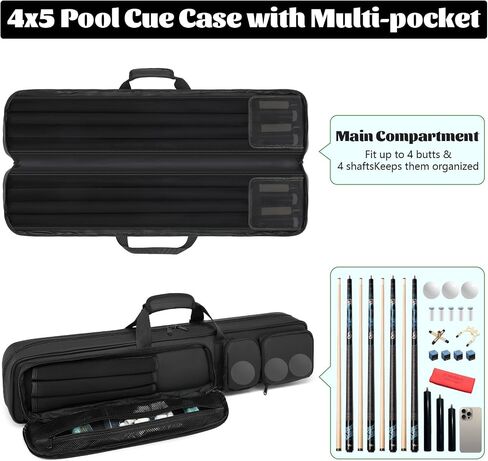 Pool Cue Case 4x4, Pool Cue Carrying Case Padded Pool Cue Bag - Holds 4 Butts and 4 Shafts, Multiple Accessory Pockets - Holds Multiple Pool Accessories in Saudi Arabia