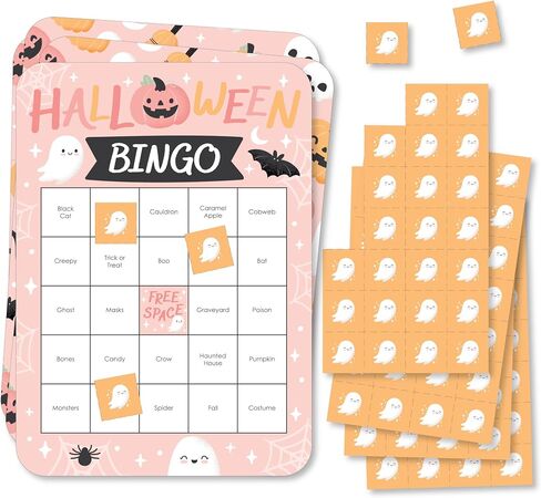 Big Dot of Happiness Pastel Halloween - Bingo Cards and Markers - Pink Pumpkin Party Bingo Game - Set of 18 in Saudi Arabia