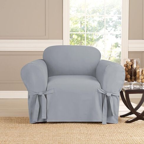 SureFit Heavyweight Cotton Duck Chair Slipcovers, Printed Heavyweight Cotton Chair Cover, One Piece Design, Armchair Cover with Seat Elastic and Adjustable Corner Ties, Natural with Blue Stripe in Saudi Arabia