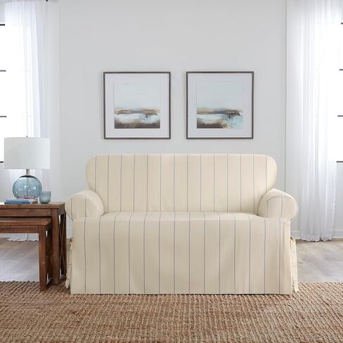 SureFit Heavyweight Cotton Duck Chair Slipcovers, Printed Heavyweight Cotton Chair Cover, One Piece Design, Armchair Cover with Seat Elastic and Adjustable Corner Ties, Natural with Blue Stripe in Saudi Arabia