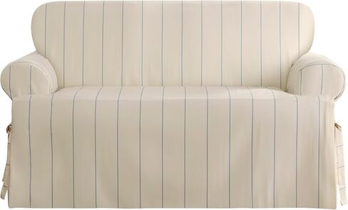 SureFit Heavyweight Cotton Duck Chair Slipcovers, Printed Heavyweight Cotton Chair Cover, One Piece Design, Armchair Cover with Seat Elastic and Adjustable Corner Ties, Natural with Blue Stripe in Saudi Arabia