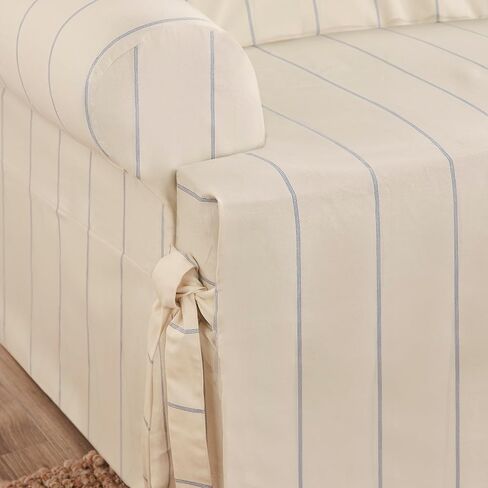 SureFit Heavyweight Cotton Duck Chair Slipcovers, Printed Heavyweight Cotton Chair Cover, One Piece Design, Armchair Cover with Seat Elastic and Adjustable Corner Ties, Natural with Blue Stripe in Saudi Arabia