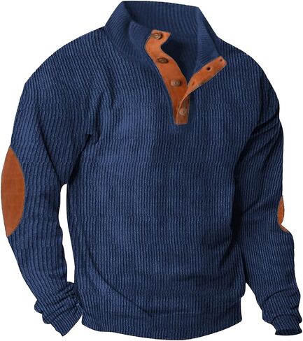 Lexiart Men's Casual Corduroy Sweatshirt Long Sleeve Thermal Stand Collar Button Pullover Sweatshirts in Saudi Arabia