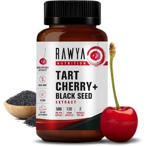 RAWYA Nutrition Tart Cherry Extract Enhanced with Black Seed Powder - Promotes Relaxation, Enhances Physical Recovery, Bottle Packaging, Gluten-Free, 500mg per Capsule -120 Count