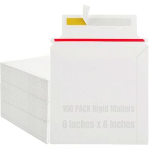 RHBLME 100 Pack Rigid Mailers, 6x6 Inches Cardboard Envelopes with Self Sealing Flap, 450 GSM Thick and Sturdy, Stay Flat White Cardboard Envelopes White Photography Mailers for CD, Photos, Document