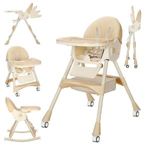 Convertible 6-in-1 High Chairs for Babies and Toddlers, Foldable Portable Baby High Chair Highchair, Compact Adjustable Folding Highchair for Baby Infant Toddler Boy Girl with Wheels & Footrest