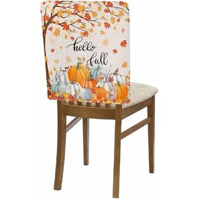 Thanksgiving Pumpkin Dining Chair Covers for Kitchen 4 Pcs,Hello Fall Quote Orange Maple Leaf Rustic Chair Back Slipcovers,Linen Autumn Removable Stretch Seat Covers for Dining Room Hotel Restaurant