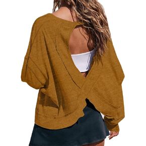 Wenlia Women's Open Back Workout Crop Tops Long Sleeve Casual Shirts Athletic Gym Yoga Tee with Thumb Hole