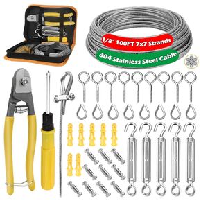 1/8" Wire Rope Crimping Kit 304 Stainless Steel Wire Cable Turnbuckles for 100ft Coated 7x7 Stainless Guy Wire Kit, Part Thickening Upgrade, Suit Curtain Wire Tensioner, String Lights, Clothesline