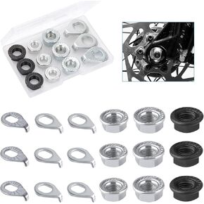 18pcs Bike Wheel Axle Nut and Bicycle Hub Safety Washer Kit, M8 M9.5 M10 Bicycle Hub Flanged Axel Nut Bike Parts for Mountain Bike Front & Rear Wheel Axle