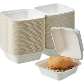 [8X8 3-Compartment 75-Pack 100% Compostable Clamshell Take Out Food Containers with Lids, Bio Natural Disposable Bagasse Togo Boxes, Eco-Friendly Biodegradable Made of Sugar Cane Fibers
