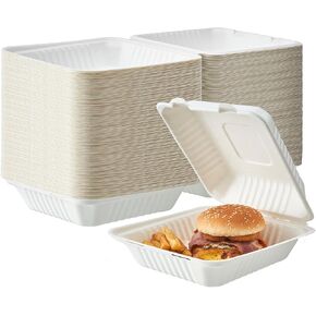 [8X8 3-Compartment 75-Pack 100% Compostable Clamshell Take Out Food Containers with Lids, Bio Natural Disposable Bagasse Togo Boxes, Eco-Friendly Biodegradable Made of Sugar Cane Fibers in Kuwait