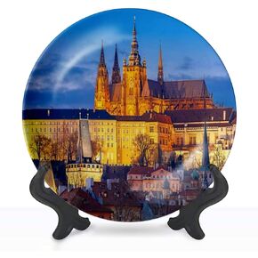 Decorative Plates Prague Castle and Mala Strana Czech Republic Wall Decor Ceramic Ornament with Display Stand and Hook Up for Festival, Parties, Wedding 10", Collector Plate