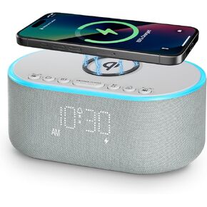 Wireless Charging Alarm Clock Radio: Qi Certified Fast Wireless Charger for iPhone Samsung - 10W Stereo Bluetooth Speaker - Dimmable Digital Clock with FM Radio for Bedroom Black