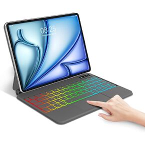 حافظة iPad Air مقاس 13 بوصة مع لوحة مفاتيح (M2، 2024)، وإضاءة خلفية بألوان قوس قزح بـ 7 ألوان، ولوحة تتبع متعددة اللمس، وحامل ناتئ عائم، وشحن قلم Apple لجهاز iPad 12.9 6th 2022/5th 2021/4th 2020/3rd 2018 أسود