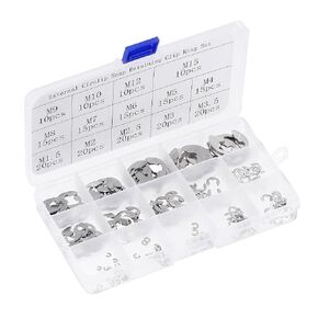 uxcell E-Clip Circlip - 215Pcs 14-Size External Retaining Shaft Snap Ring Washer 304 Stainless Steel Assortment Set Silver- Size: 1.5mm to 15mm