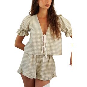 Faretumiya Women Tie Front Pajamas Sets Puff Sleeve Plaid Babydoll Shirt Ruffle Hem Shorts Y2k 2 Piece Pj Matching Set （sexy pink，Large）