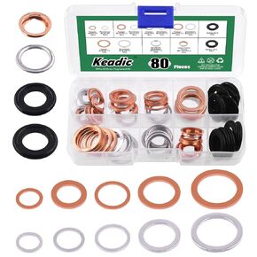 Keadic 80Pcs 14 Sizes Oil Drain Plug Gaskets Washer Assortment Set, Replace N0138157, 11026-01M02 Oil Crush Washers Seals Kit for Automotive