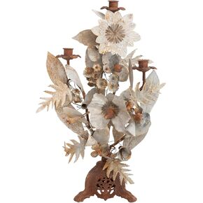 Creative Co-Op 12" L x 6" W x 20-1/4"H Handmade Metal Vintage Reproduction Floral Candelabra, Multi Color, Heavily Distressed Finish (Holds 3 Tapers)
