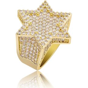 TOPGRILLZ Gold Ring Star Men Diamond Ring Iced out Cuic Zirconia 14K Gold Silver Plated Punk Band Hexagram Gold Jewelry 7-11
