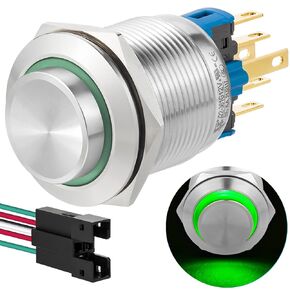 22mm Push Button Switch Momentary Latching High Round Waterproof IP67 On Off Stainless Steel 304 with 12V, 24V LED for 7/8" with Wire 2PCS (Blue, Momentary,12V)