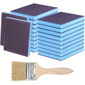 HARFINGTON 21pcs Sanding Sponges 320-400 Grit 4" x 5" Reusable & Washable, Double-Sided Flexible Hand Sanding Block for Wood Drywall Metal Furniture Polishing, with 2.5" Paint Brush, Blue