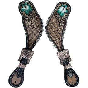 Majestic Ally Western Spur Straps, Genuine Leather, Antique Hand Tooling, Adjustable Stainless Steel Buckle (BLK-SSAQ)