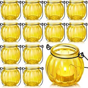 Mumufy 12 Sets Fall Votive Candle Holders Glass Pumpkin Candle Holders Hanging Pumpkin Tea Light Holder with Handle for Thanksgiving Table Centerpiece Decorations Halloween Party Decor(Orange)