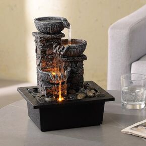 Kalona Tabletop Fountain 3 Bowls with LED Light Soothing Water Flowing Sound Fountain Zen/Meditation Home/Office Decor Home Décor Relaxation Indoor (23113)