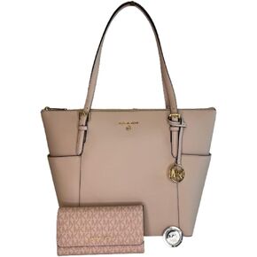 MICHAEL Michael Kors Jet Set Large Top-Zip Tote bundled with matching Trifold Wallet and Purse Hook (Luggage)