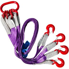 Four Leg Bridle Web Sling 5ft 6600lbs Lifting Slings with G80 Alloy Steel Grab Hooks and Adjuster Polyester Webbing Purple Rigging Straps for Safe Towing and Handling of Cargo