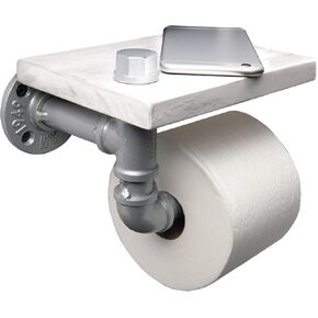 Excello Global Products Industrial Toilet Paper Holder with Distressed White Wooden Shelf and Silver Iron Pipe Hardware for Bathroom, Washroom