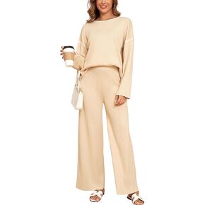 ZAFUL Women's 2 Piece Outfits Knitted Sweater Sets Striped Color Block Tops High Waist Wide Leg Lounge Sets