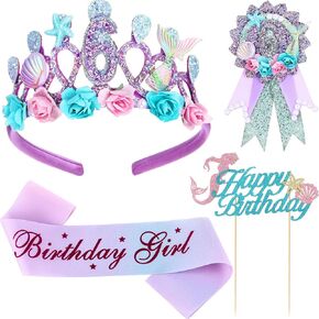 4 Pack Mermaid 5th Birthday Decorations 5th Birthday Crown for Girls 5th Birthday Tiara 5th Birthday Sash Starfish Seashell Mermaid Tail Birthday Cake Topper 5th Birthday Gifts for Girls