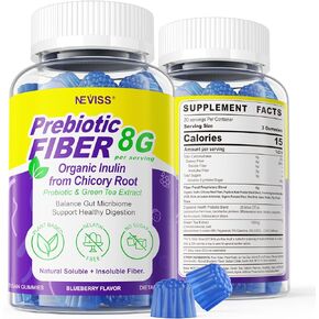 Prebiotic Fiber Gummies for Adults, 8g Plant-Based High Fiber Supplement Plus Probiotics, Green Tea Extract for Digestive Health, Regularity and Immunity, No Sugar Added, Vegan, Non-GMO, 120Cts