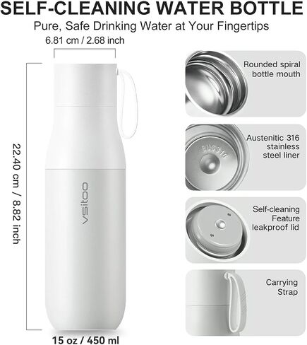 vsitoo Self-Cleaning Smart Water Bottle, Vacuum Stainless Steel Insulated Water Bottle with Handle Double-wall, Keep Drink Hot or Cold, Leak Proof, Standard Metal Canteen for Gym and Outdoor, 15 oz in Saudi Arabia