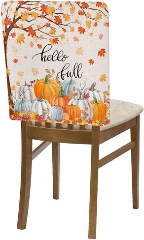 Thanksgiving Pumpkin Dining Chair Covers for Kitchen 4 Pcs,Hello Fall Quote Orange Maple Leaf Rustic Chair Back Slipcovers,Linen Autumn Removable Stretch Seat Covers for Dining Room Hotel Restaurant in Saudi Arabia