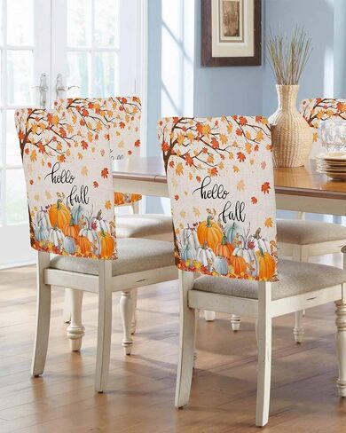 Thanksgiving Pumpkin Dining Chair Covers for Kitchen 4 Pcs,Hello Fall Quote Orange Maple Leaf Rustic Chair Back Slipcovers,Linen Autumn Removable Stretch Seat Covers for Dining Room Hotel Restaurant in Saudi Arabia