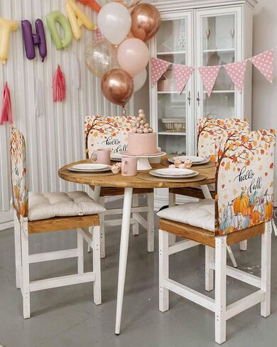 Thanksgiving Pumpkin Dining Chair Covers for Kitchen 4 Pcs,Hello Fall Quote Orange Maple Leaf Rustic Chair Back Slipcovers,Linen Autumn Removable Stretch Seat Covers for Dining Room Hotel Restaurant in Saudi Arabia